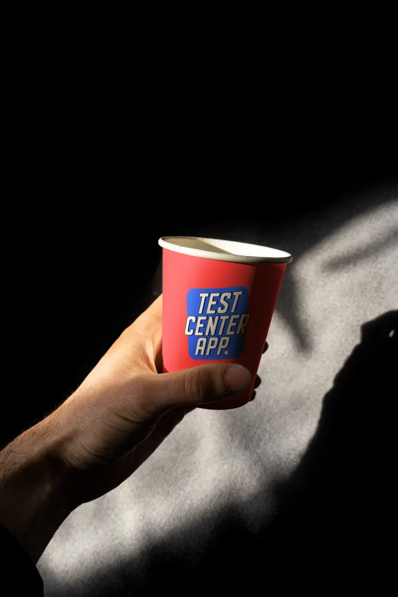 Filiżanka kawy z logo Test Center App na stoliku w kawiarni